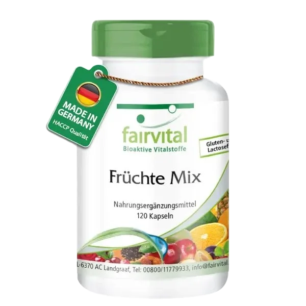 Früchte Mix - 120 Kapseln - mit Cranberry-Extrakt, Acerola, Spirulina uvm. - Hochdosiert und Vegan | Fairvital Früchte Mix - 120 Kapseln - mit Cranberry-Extrakt, Acerola, Spirulina uvm. - Hochdosiert und Vegan | Fairvital