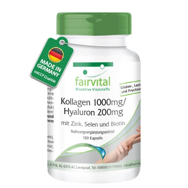 Kollagen 1000mg / Hyaluron 200mg - 180 Kapseln - mit Zink, Selen, Biotin uvm.  - für Haut, Haare, Nägel uvm. | Fairvital