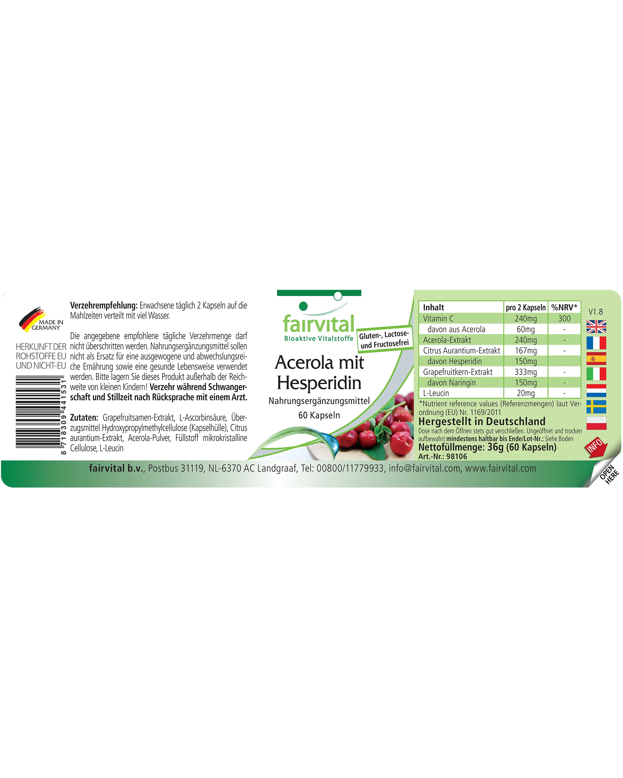 Acerola mit Hesperidin - 60 Kapseln - mit Vitamin C - für Immunsystem, Kollagenbildung , Energie uvm. - Vegan | Fairvital