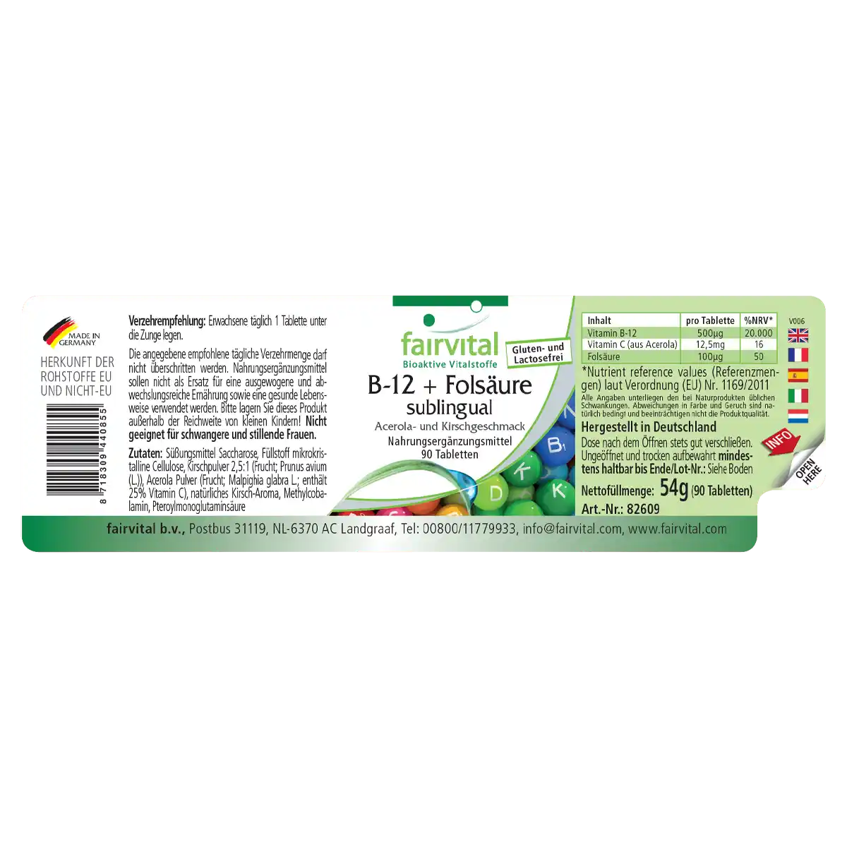 B-12 en foliumzuur sublinguaal met acerola-kersensmaak - 90 tabletten