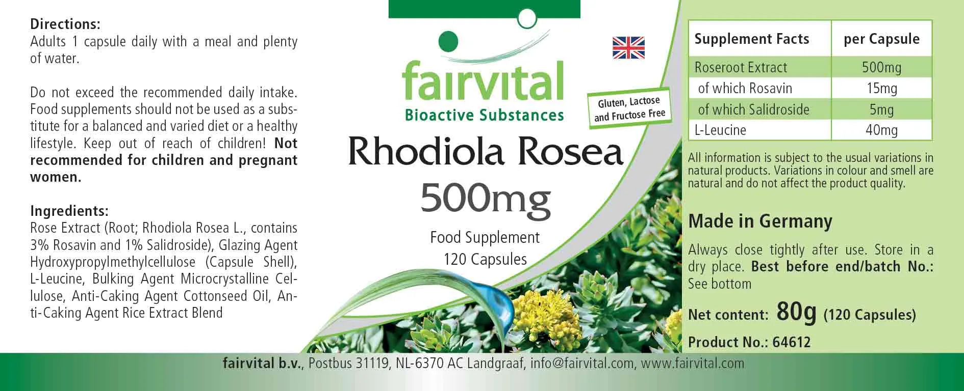 Rhodiola Rosea 500mg - 120 Kapseln - Rosenwurz Wurzel Extrakt - Hochdosiert und Vegan | Fairvital Rhodiola Rosea 500mg - 120 Kapseln - Rosenwurz Wurzel Extrakt - Hochdosiert und Vegan | Fairvital