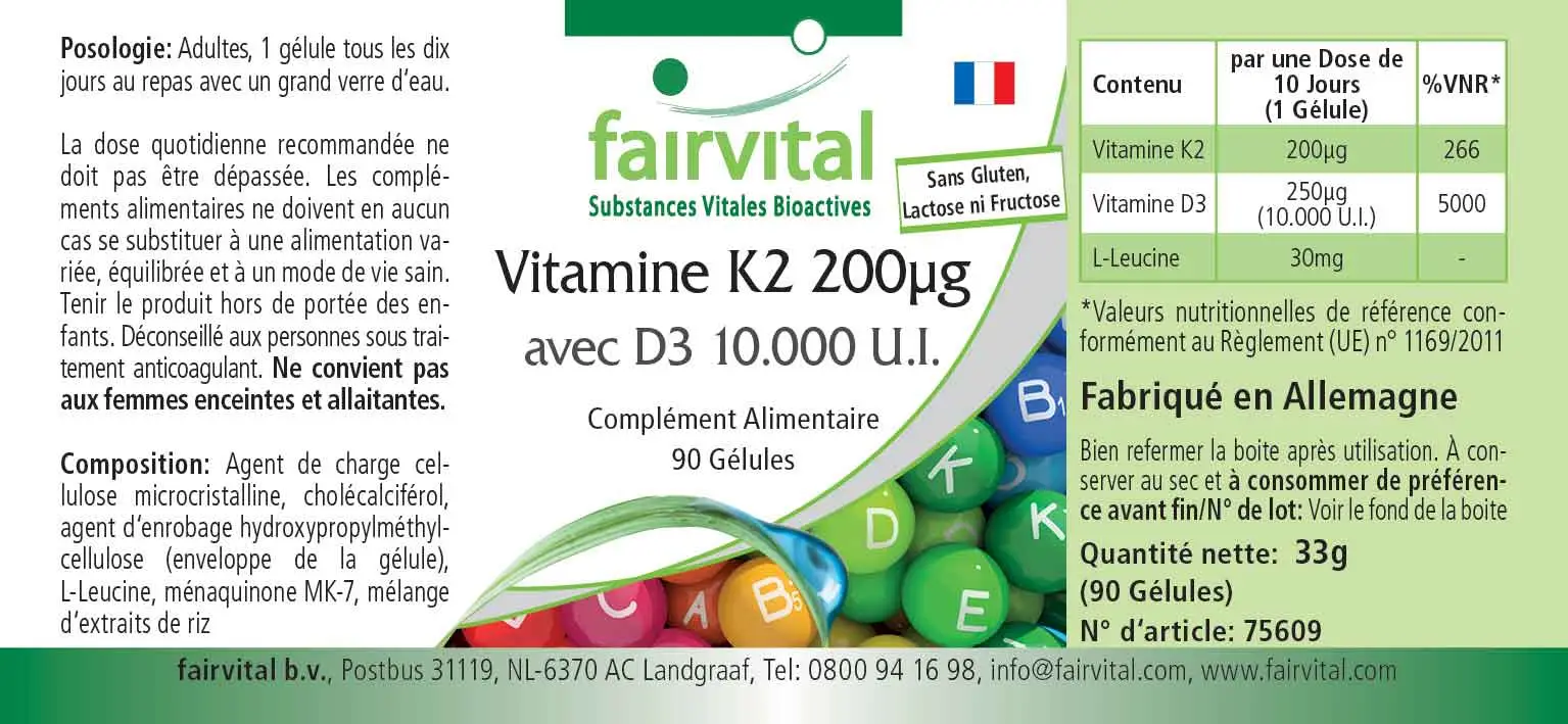 Vitamine K2 200µg avec D3 10.000 U.I. - 90 gélules