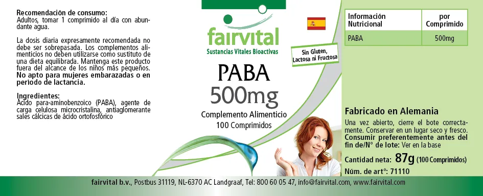 PABA 500mg - vitamin B10 - 100 tablets