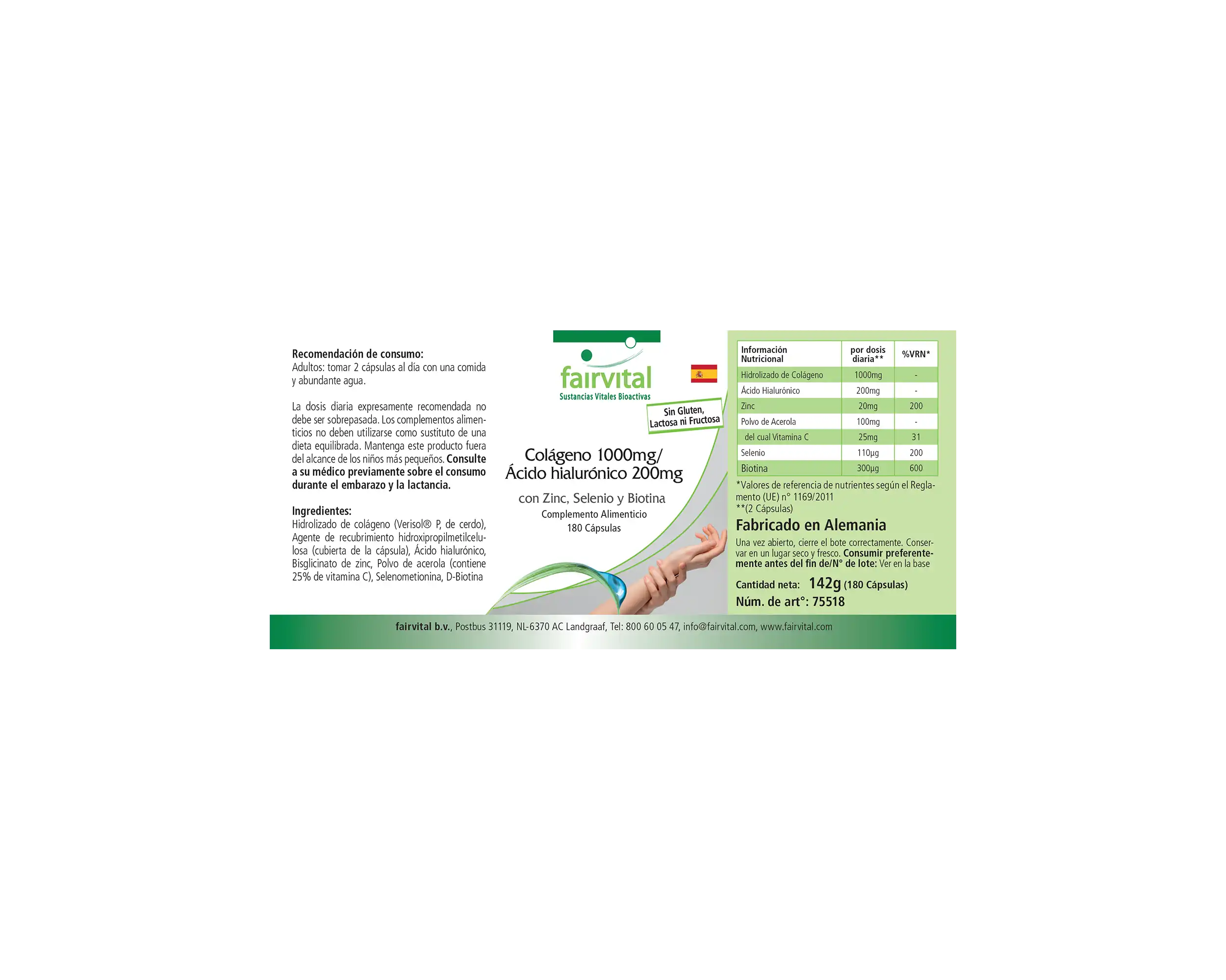 Kollagen 1000mg / Hyaluron 200mg - 180 Kapseln - mit Zink, Selen, Biotin uvm.  - für Haut, Haare, Nägel uvm. | Fairvital