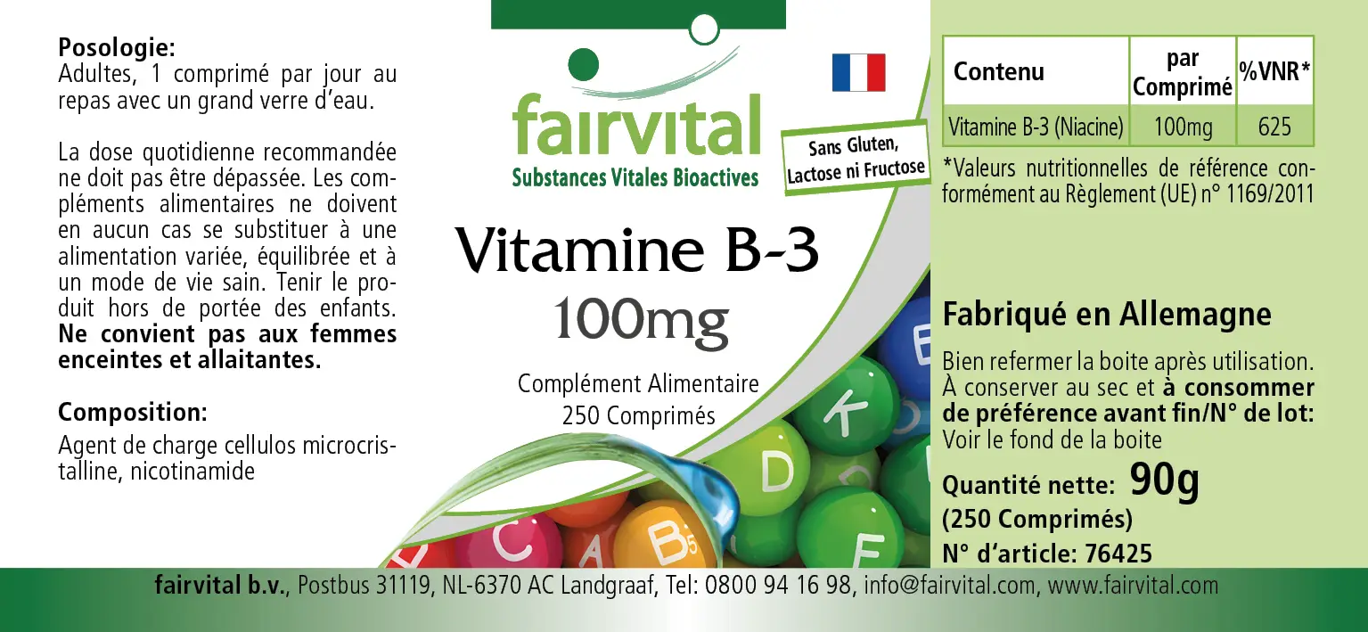 Vitamine B-3 niacine 100mg - 250 tabletten