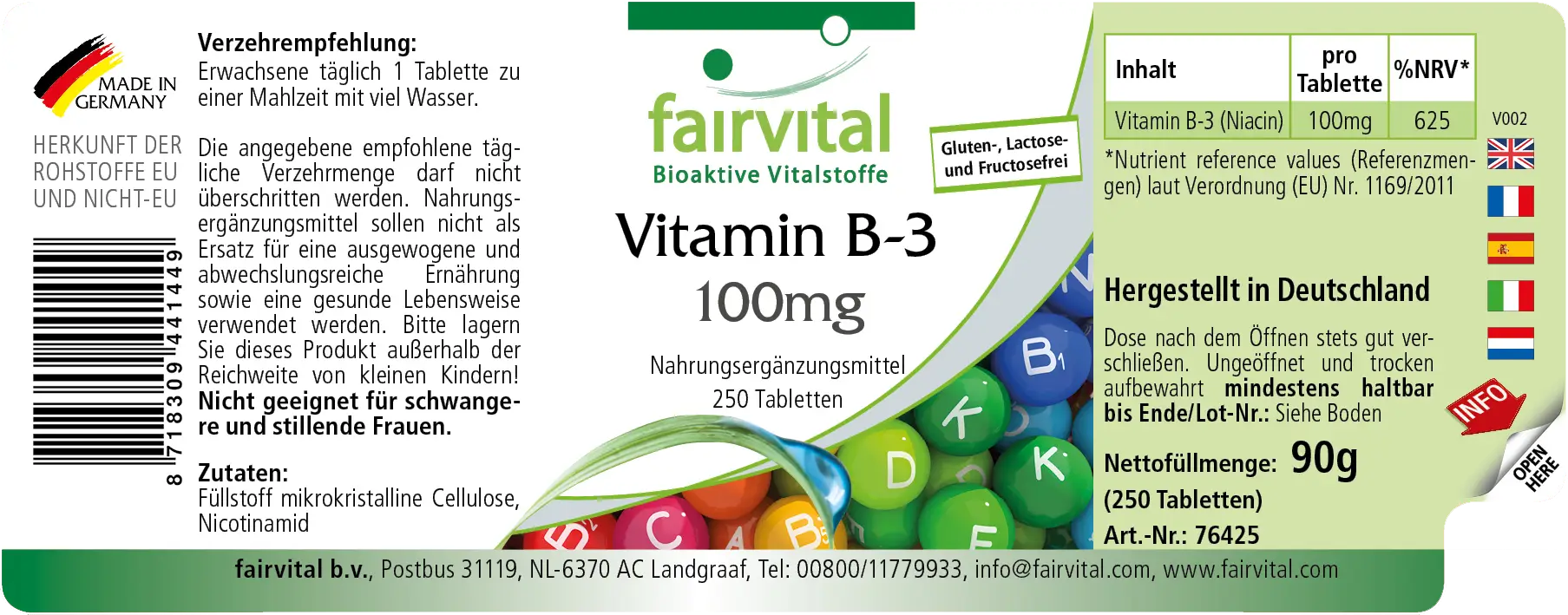 Vitamine B-3 niacine 100mg - 250 tabletten