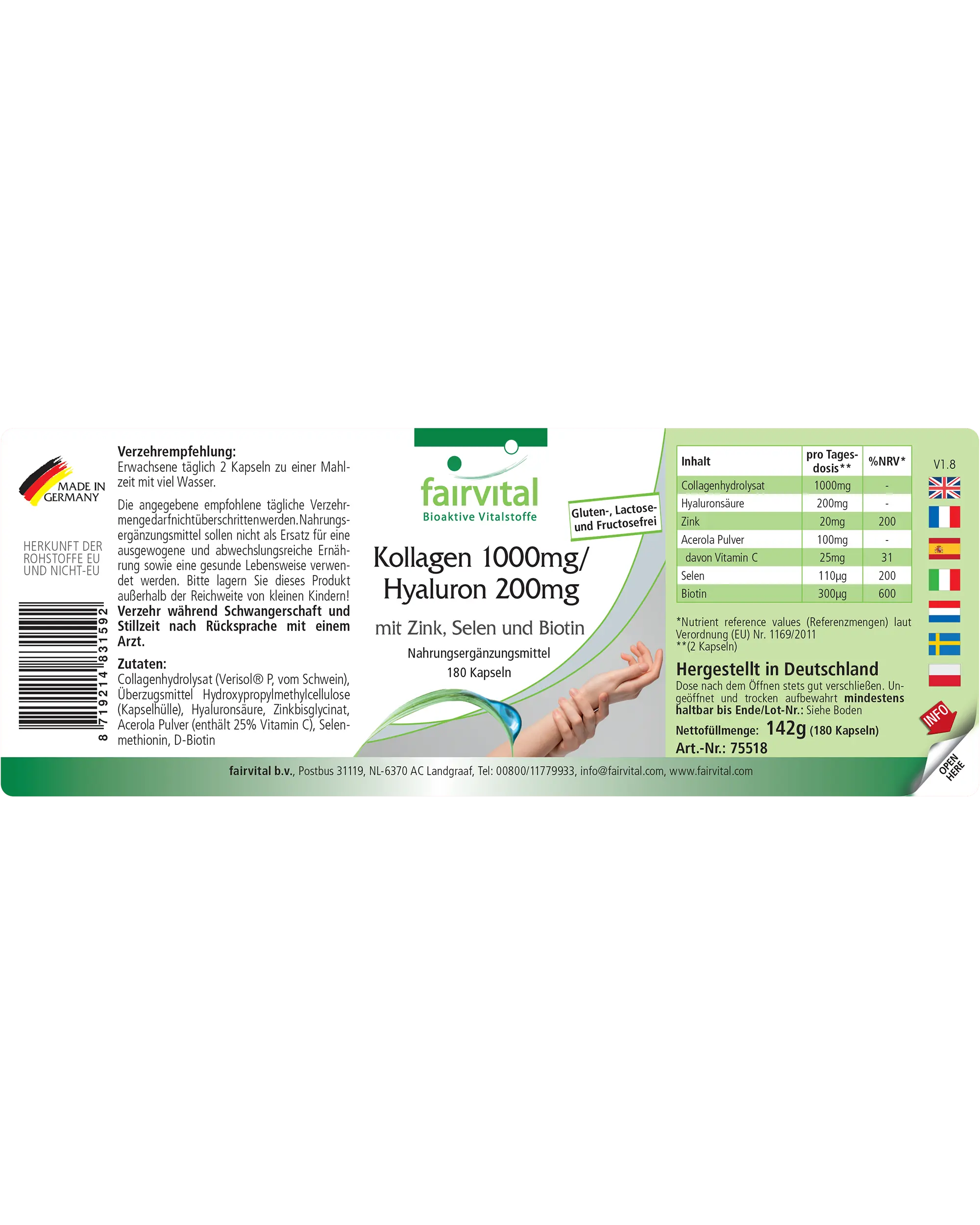 Kollagen 1000mg / Hyaluron 200mg - 180 Kapseln - mit Zink, Selen, Biotin uvm.  - für Haut, Haare, Nägel uvm. | Fairvital