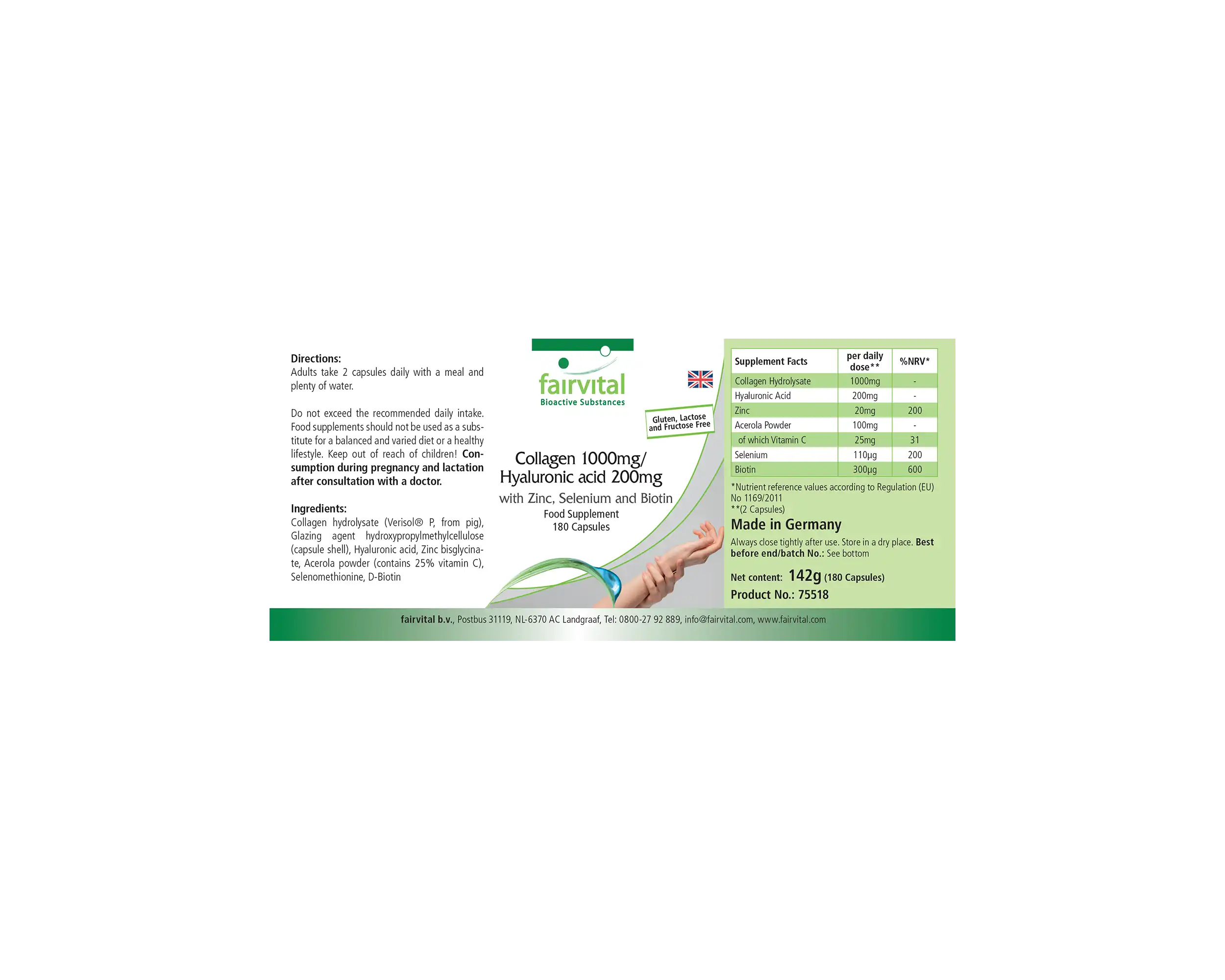 Kollagen 1000mg / Hyaluron 200mg - 180 Kapseln - mit Zink, Selen, Biotin uvm.  - für Haut, Haare, Nägel uvm. | Fairvital
