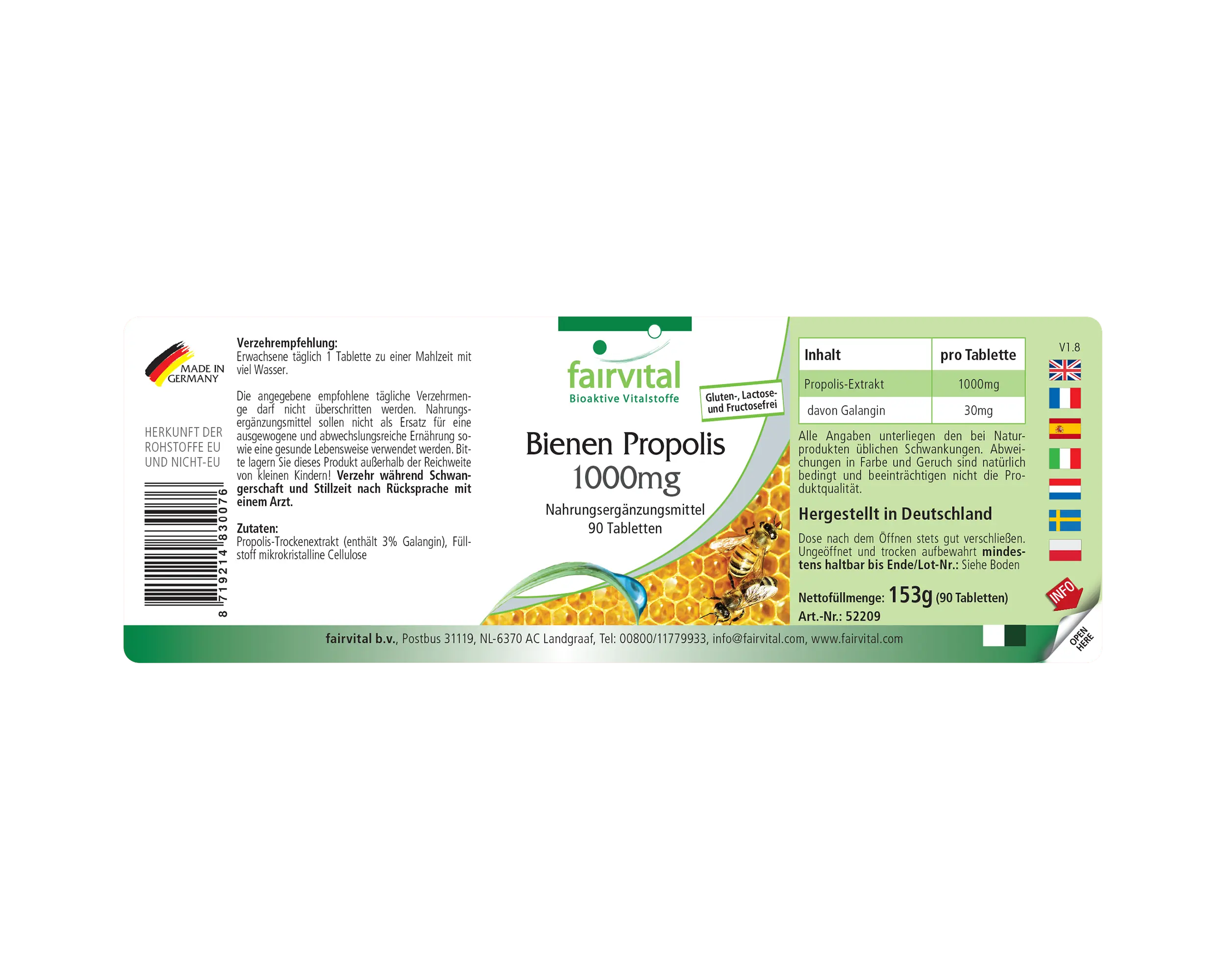 Bienen Propolis 1000mg - 90 Tabletten - Natürliches Bienenharz Extrakt - 3% Galangin - Hochdosiert | Fairvital