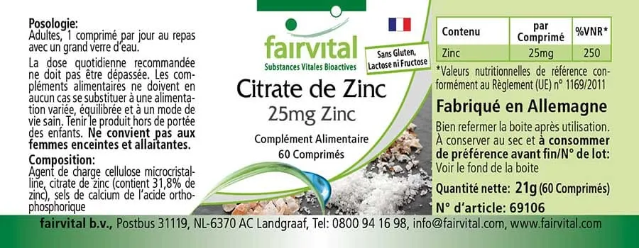 Zinkcitrat mit 25mg Zink - 60 Tabletten - für Immunsystem, Haut, Haare, Sehkraft uvm. - Vegan | Fairvital Zinkcitrat mit 25mg Zink - 60 Tabletten - für Immunsystem, Haut, Haare, Sehkraft uvm. - Vegan | Fairvital