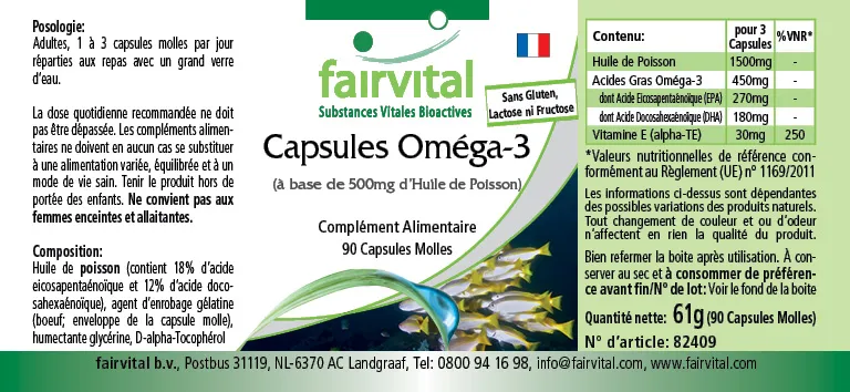 Capsules d'oméga-3 à partir de 500mg d'huile de poisson - 90 softgels