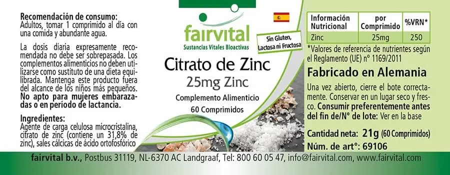 Zinkcitrat mit 25mg Zink - 60 Tabletten - für Immunsystem, Haut, Haare, Sehkraft uvm. - Vegan | Fairvital Zinkcitrat mit 25mg Zink - 60 Tabletten - für Immunsystem, Haut, Haare, Sehkraft uvm. - Vegan | Fairvital