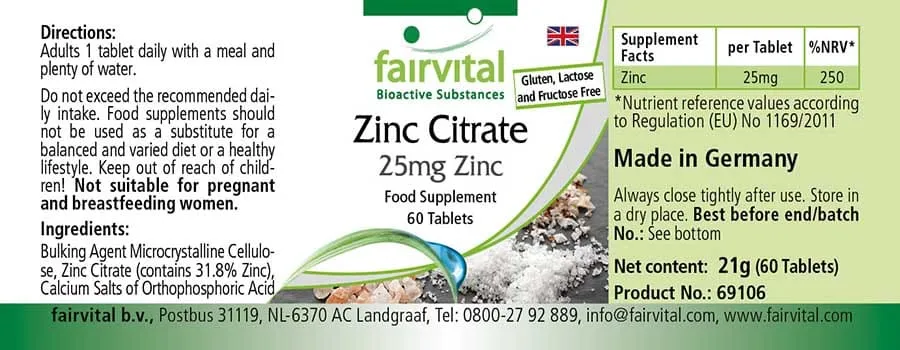 Zinkcitrat mit 25mg Zink - 60 Tabletten - für Immunsystem, Haut, Haare, Sehkraft uvm. - Vegan | Fairvital Zinkcitrat mit 25mg Zink - 60 Tabletten - für Immunsystem, Haut, Haare, Sehkraft uvm. - Vegan | Fairvital