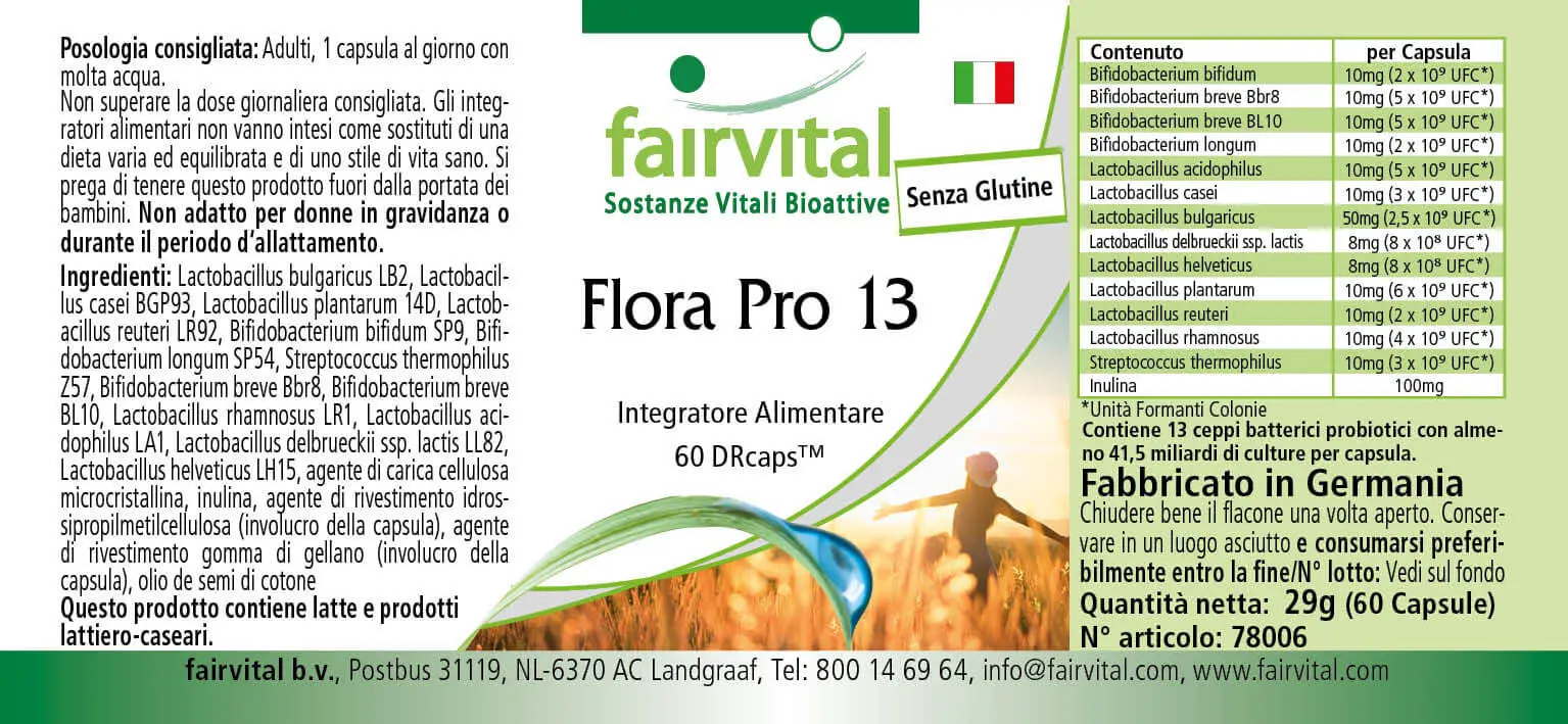 Flora Pro 13 - 60 Kapseln - 13 Bakterienstämme & 41,5 Milliarden Kulturen pro Kapsel - Hochdosiert | Fairvital Flora Pro 13 - 60 Kapseln - 13 Bakterienstämme & 41,5 Milliarden Kulturen pro Kapsel - Hochdosiert | Fairvital