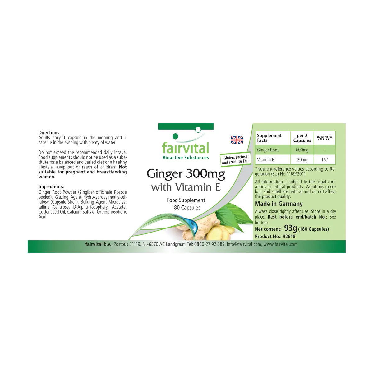 Ingwer 300mg mit Vitamin E - 180 Kapseln - Zellschutz - Hochdosiert und Vegan | Fairvital Ingwer 300mg mit Vitamin E - 180 Kapseln - Zellschutz - Hochdosiert und Vegan | Fairvital