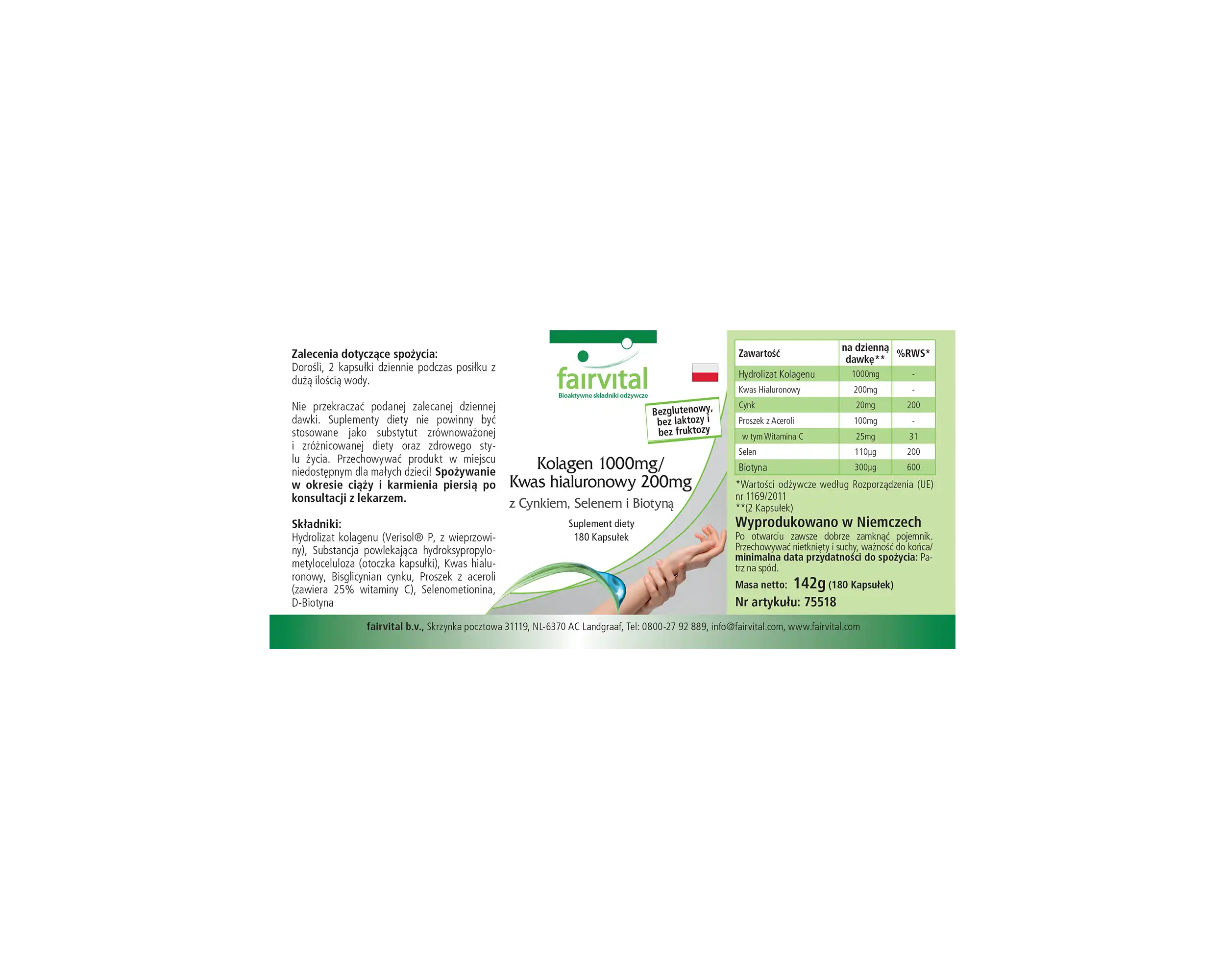 Kollagen 1000mg / Hyaluron 200mg - 180 Kapseln - mit Zink, Selen, Biotin uvm.  - für Haut, Haare, Nägel uvm. | Fairvital