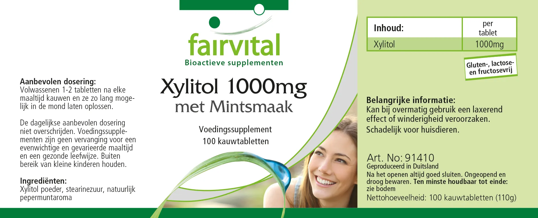 Xylitol 1000mg aromatisé à la menthe - 100 comprimés à mâcher