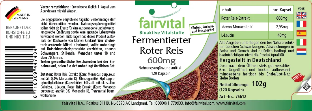 Fermentierter Roter Reis 600mg - 120 Kapseln - Monascus purpureus - mit Monacolin K - Vegan | Fairvital Fermentierter Roter Reis 600mg - 120 Kapseln - Monascus purpureus - mit Monacolin K - Vegan | Fairvital
