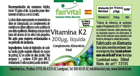 Vitamine K2 liquide 200µg par 10 gouttes - 50ml