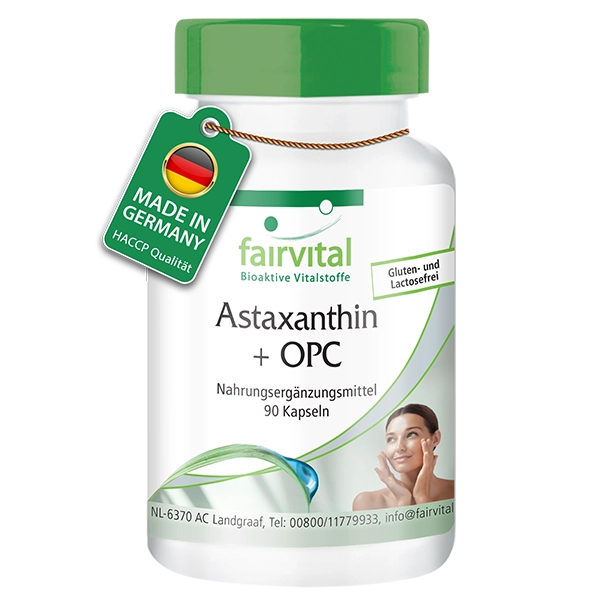 Astaxanthin + OPC mit Vitamin C und Vitamin E für Immunsystem und Kollagenbildung - 90 Kapseln - Hochdosiert und Vegan | Fairvital