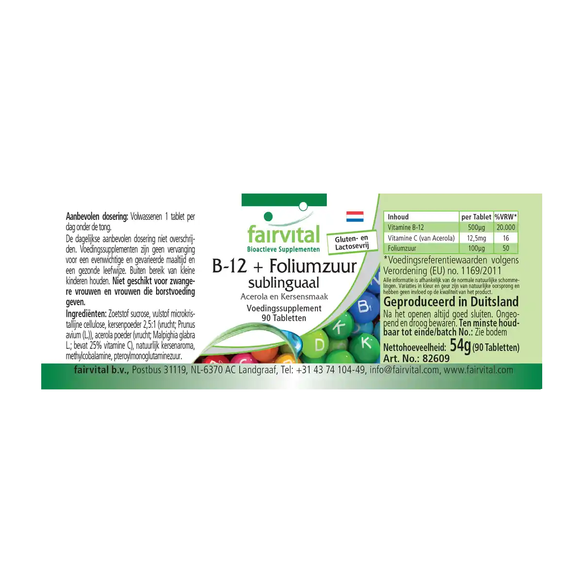B-12 en foliumzuur sublinguaal met acerola-kersensmaak - 90 tabletten
