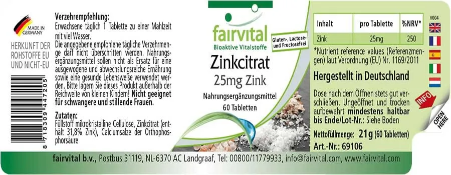 Zinkcitrat mit 25mg Zink - 60 Tabletten - für Immunsystem, Haut, Haare, Sehkraft uvm. - Vegan | Fairvital Zinkcitrat mit 25mg Zink - 60 Tabletten - für Immunsystem, Haut, Haare, Sehkraft uvm. - Vegan | Fairvital