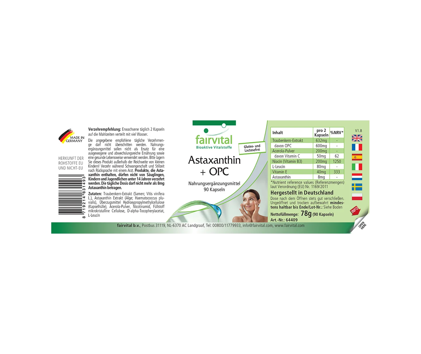 Astaxanthin + OPC mit Vitamin C und Vitamin E für Immunsystem und Kollagenbildung - 90 Kapseln - Hochdosiert und Vegan | Fairvital
