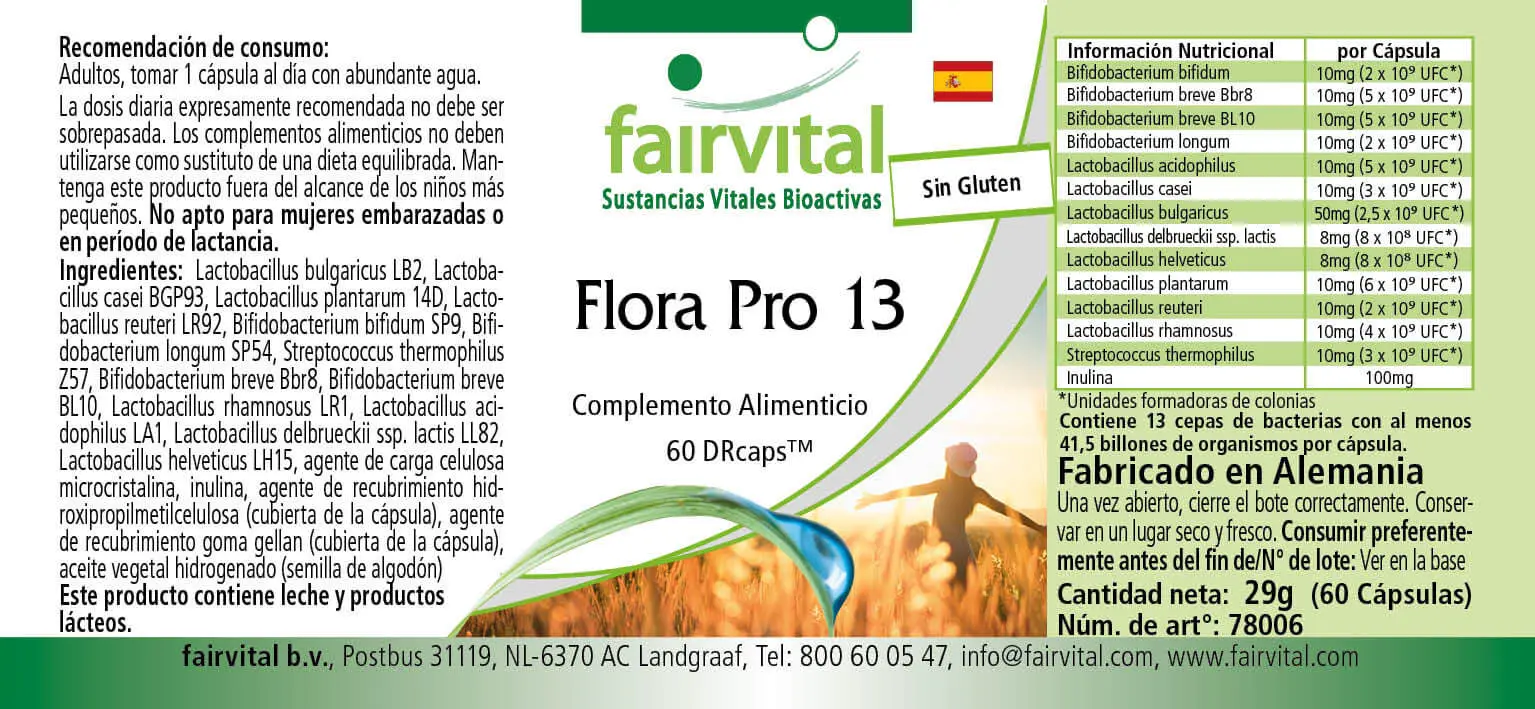 Flora Pro 13 - 60 Kapseln - 13 Bakterienstämme & 41,5 Milliarden Kulturen pro Kapsel - Hochdosiert | Fairvital Flora Pro 13 - 60 Kapseln - 13 Bakterienstämme & 41,5 Milliarden Kulturen pro Kapsel - Hochdosiert | Fairvital