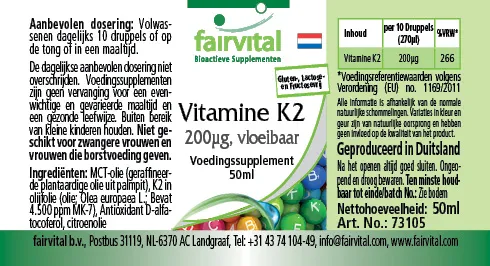 Vitamine K2 liquide 200µg par 10 gouttes - 50ml