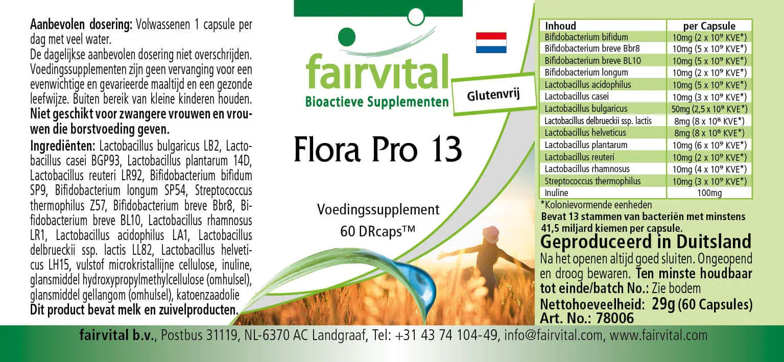 Flora Pro 13 - 60 Kapseln - 13 Bakterienstämme & 41,5 Milliarden Kulturen pro Kapsel - Hochdosiert | Fairvital Flora Pro 13 - 60 Kapseln - 13 Bakterienstämme & 41,5 Milliarden Kulturen pro Kapsel - Hochdosiert | Fairvital
