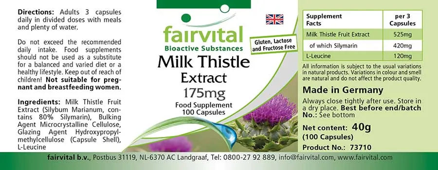 Mariendistel Extrakt 175mg - 100 Kapseln - standardisiert auf 80% Silymarin - Vegan | Fairvital Mariendistel Extrakt 175mg - 100 Kapseln - standardisiert auf 80% Silymarin - Vegan | Fairvital