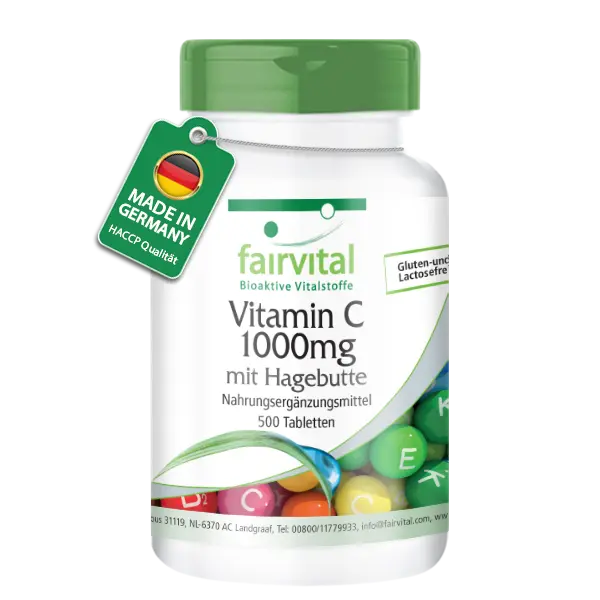 Vitamin C 1000mg mit Hagebutte - 500 Tabletten - für Immunsystem, Kollagenbildung uvm. | Fairvital