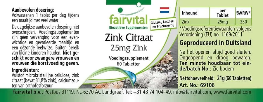 Zinkcitrat mit 25mg Zink - 60 Tabletten - für Immunsystem, Haut, Haare, Sehkraft uvm. - Vegan | Fairvital Zinkcitrat mit 25mg Zink - 60 Tabletten - für Immunsystem, Haut, Haare, Sehkraft uvm. - Vegan | Fairvital
