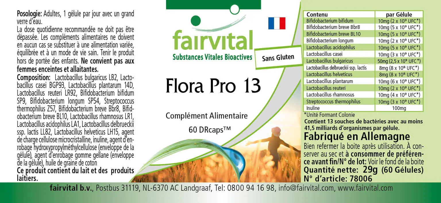 Flora Pro 13 - 60 Kapseln - 13 Bakterienstämme & 41,5 Milliarden Kulturen pro Kapsel - Hochdosiert | Fairvital Flora Pro 13 - 60 Kapseln - 13 Bakterienstämme & 41,5 Milliarden Kulturen pro Kapsel - Hochdosiert | Fairvital