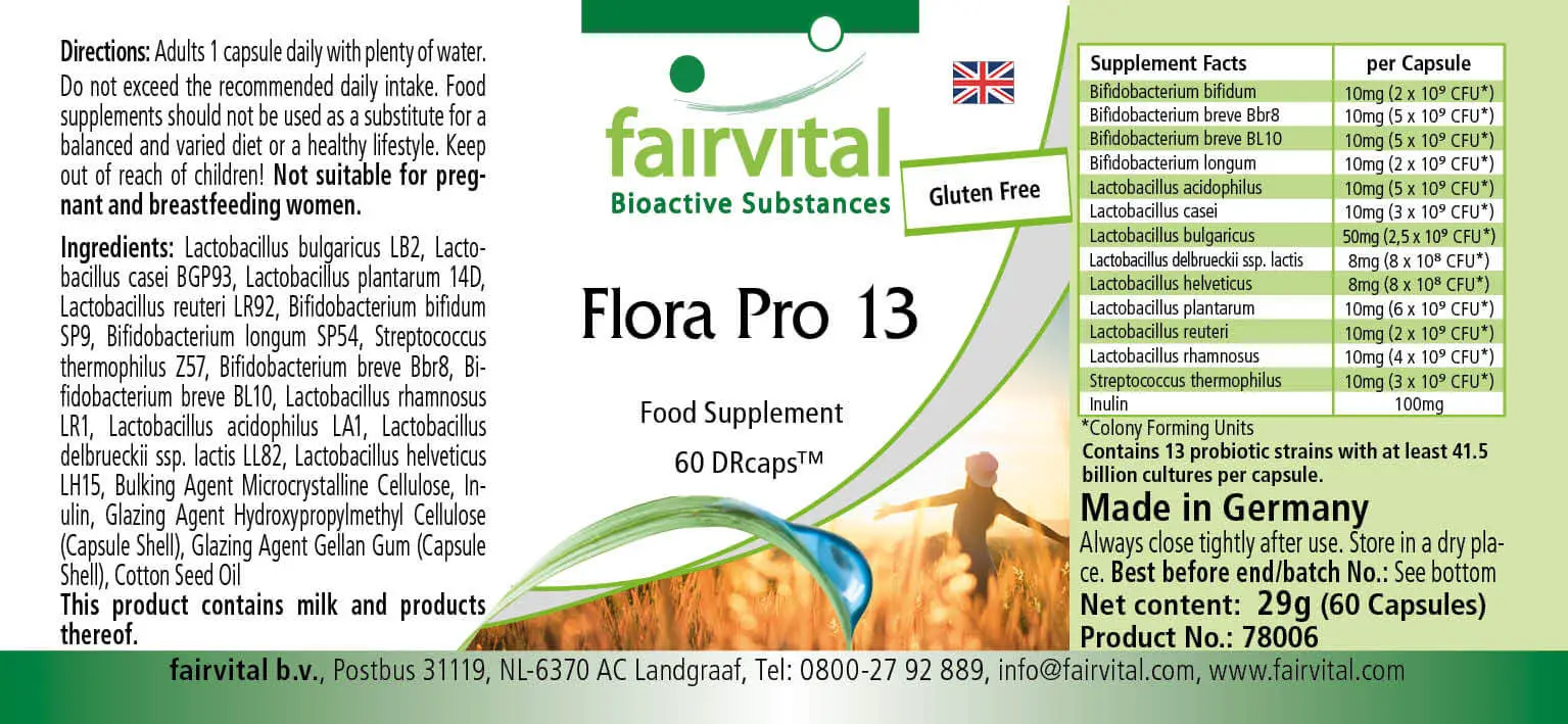 Flora Pro 13 - 60 Kapseln - 13 Bakterienstämme & 41,5 Milliarden Kulturen pro Kapsel - Hochdosiert | Fairvital Flora Pro 13 - 60 Kapseln - 13 Bakterienstämme & 41,5 Milliarden Kulturen pro Kapsel - Hochdosiert | Fairvital