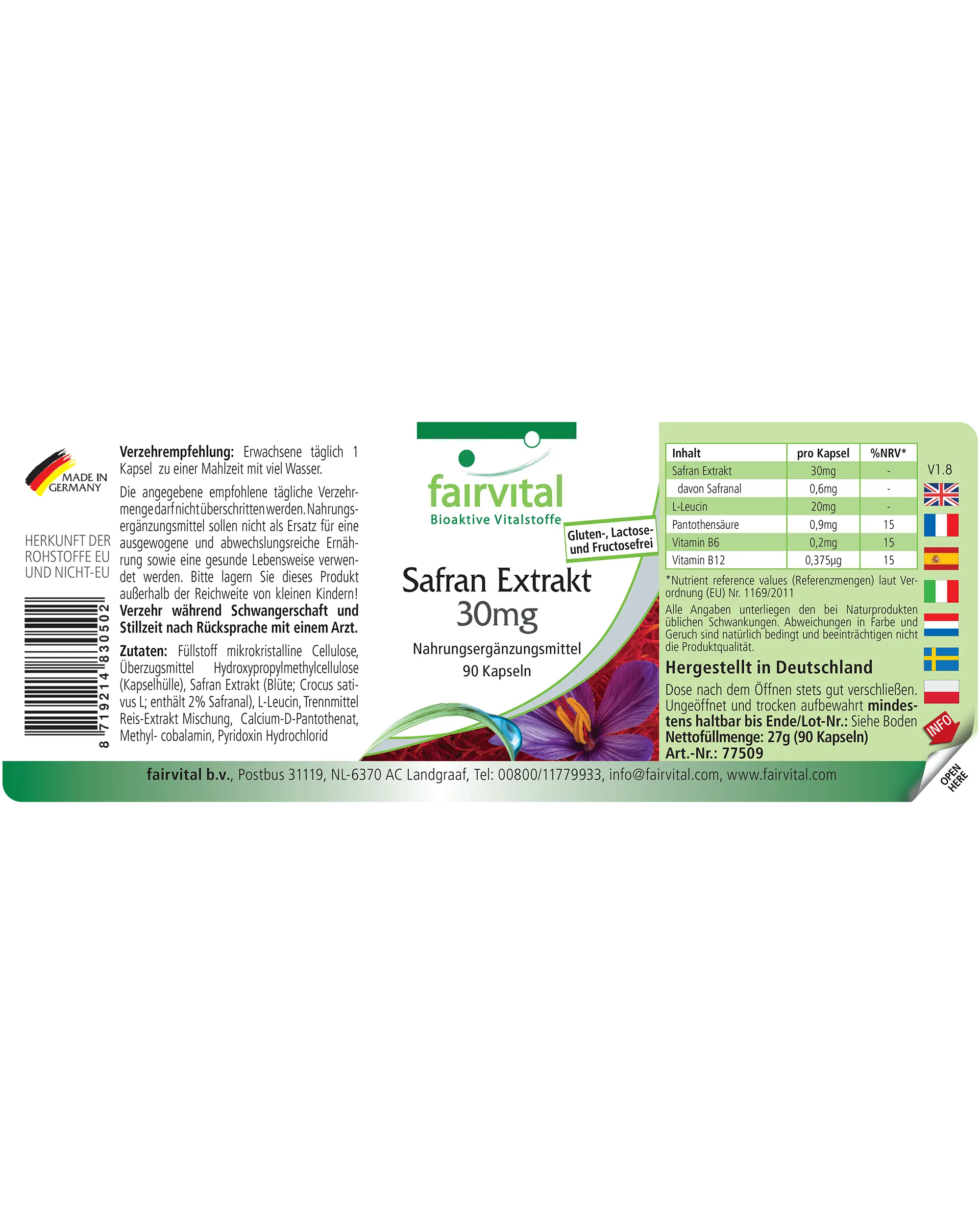 Safran Extrakt 30mg - 90 Kapseln mit Pantothensäure, Vitamin B12 uvm. - für Immunsystem, Zellteilung uvm. | Fairvital