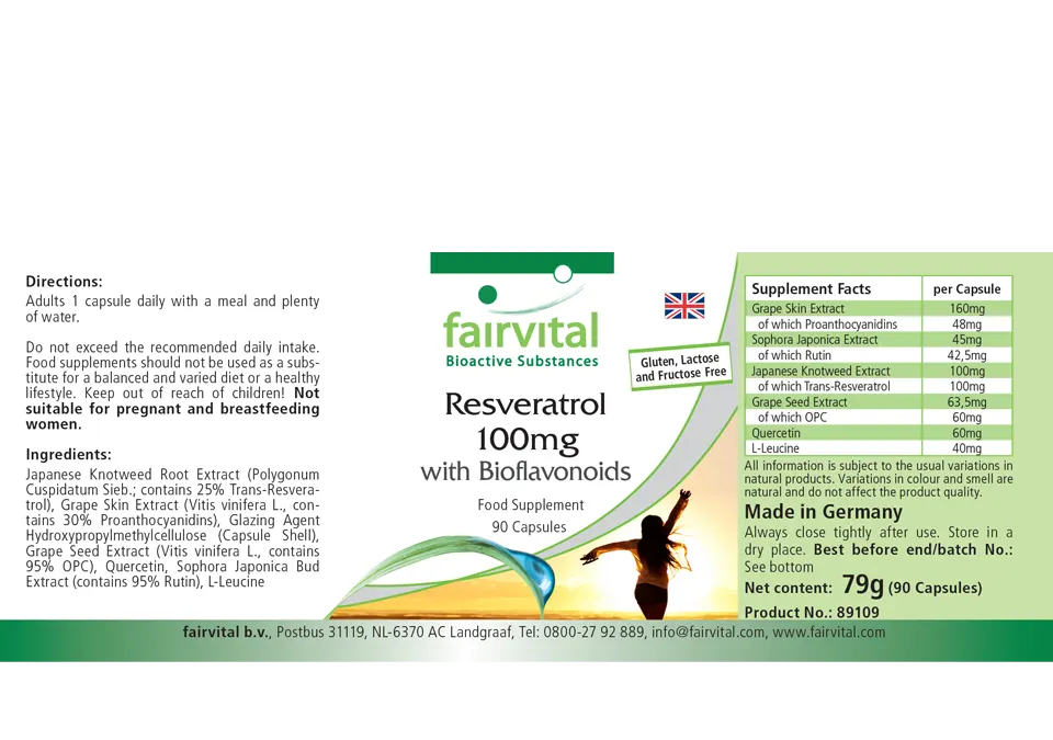 Resveratrol 100mg mit Bioflavonoiden - 90 Kapseln - Hochdosiert und Vegan | Fairvital Resveratrol 100mg mit Bioflavonoiden - 90 Kapseln - Hochdosiert und Vegan | Fairvital