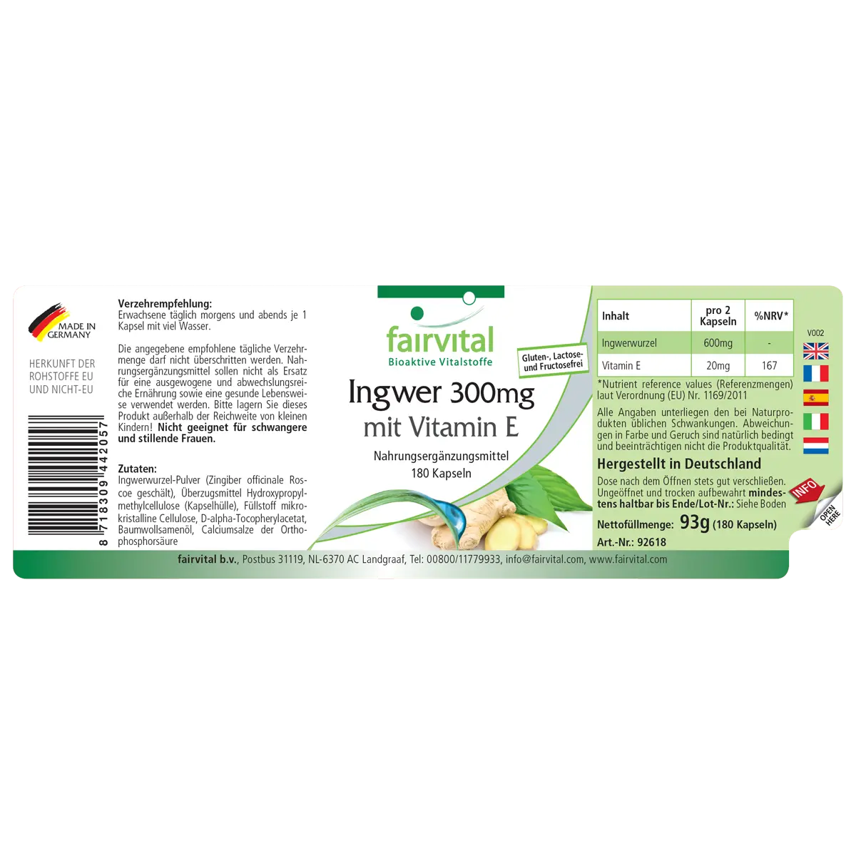 Ingwer 300mg mit Vitamin E - 180 Kapseln - Zellschutz - Hochdosiert und Vegan | Fairvital Ingwer 300mg mit Vitamin E - 180 Kapseln - Zellschutz - Hochdosiert und Vegan | Fairvital