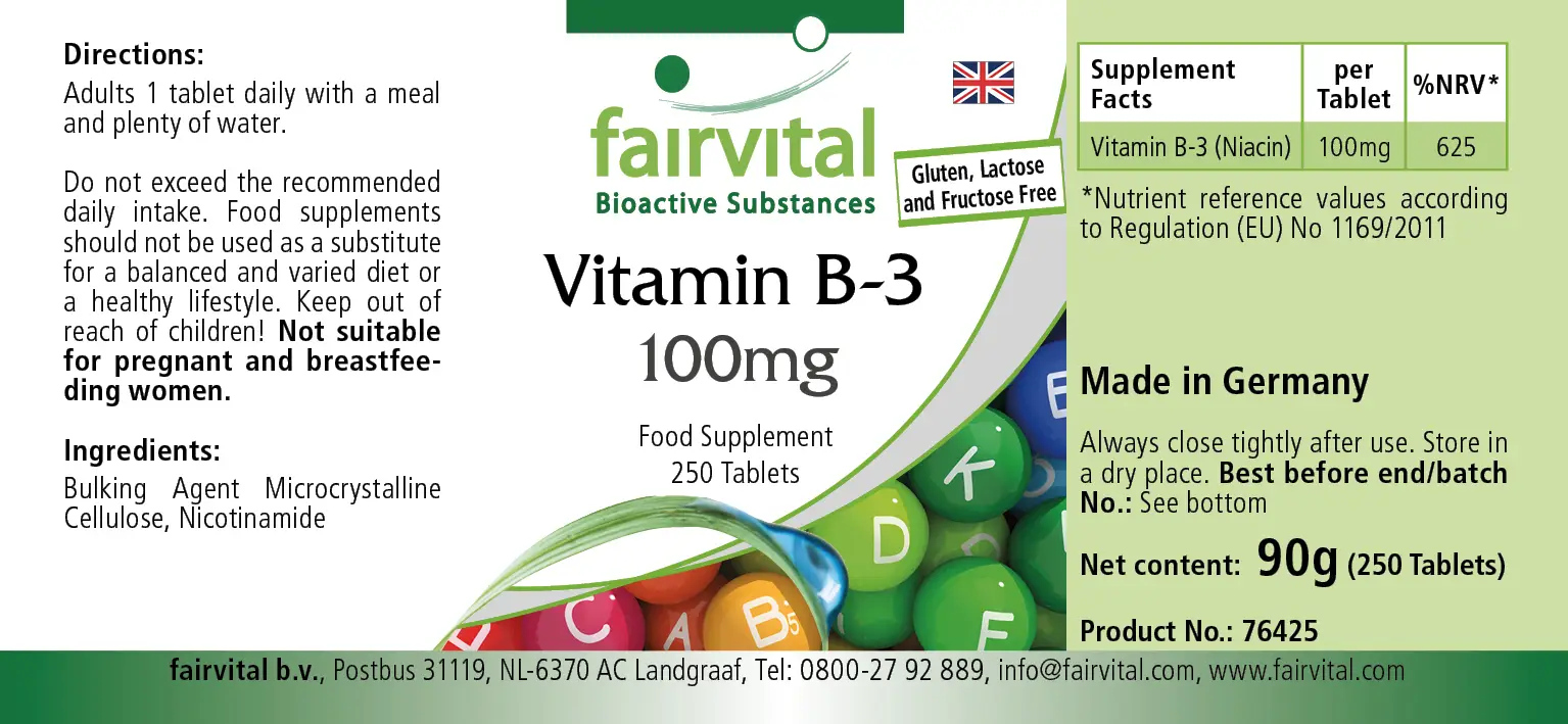 Vitamine B-3 niacine 100mg - 250 tabletten