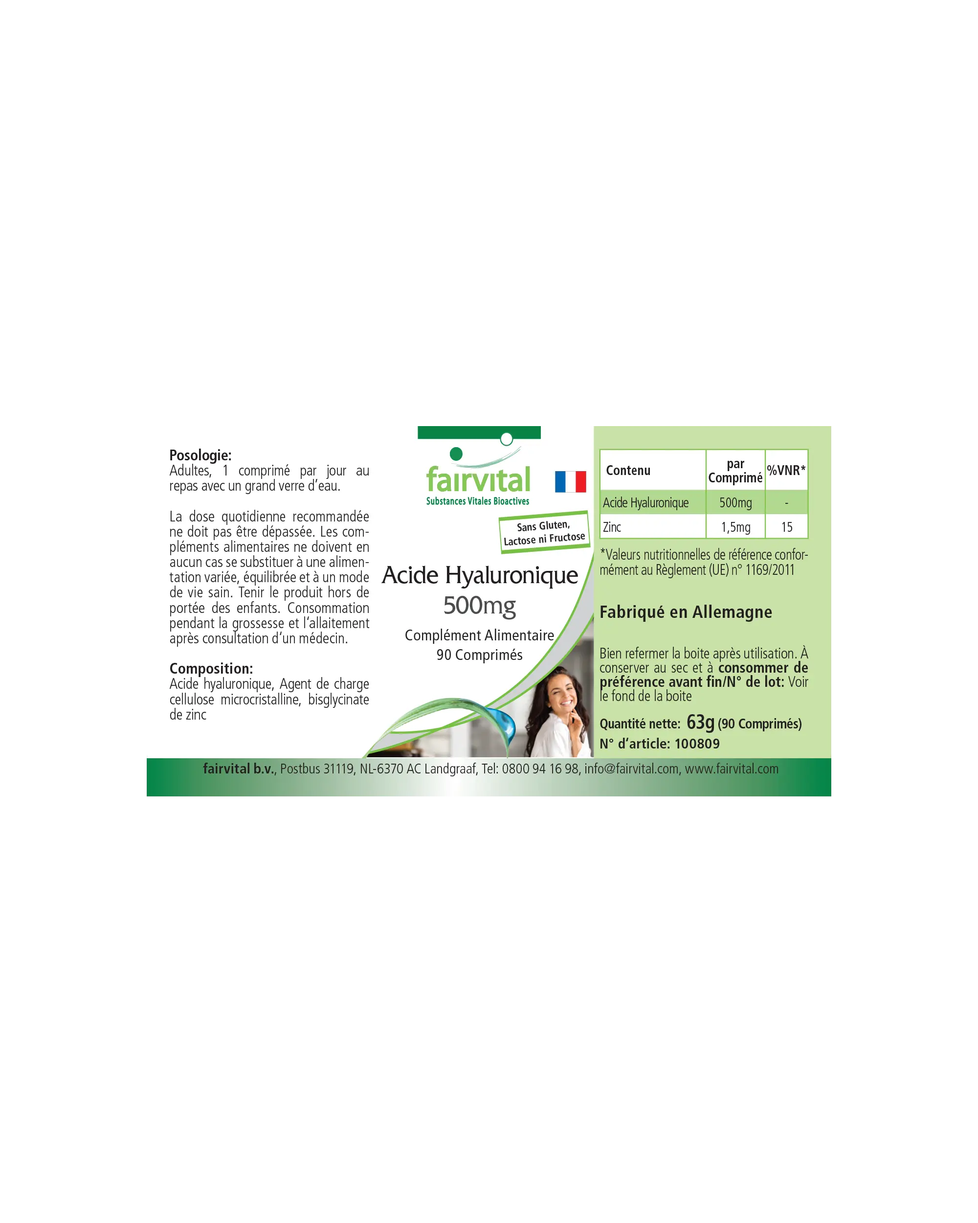 Ácido Hialurónico 500 mg - 90 Comprimidos - con Zinc - Vegano | Fairvital