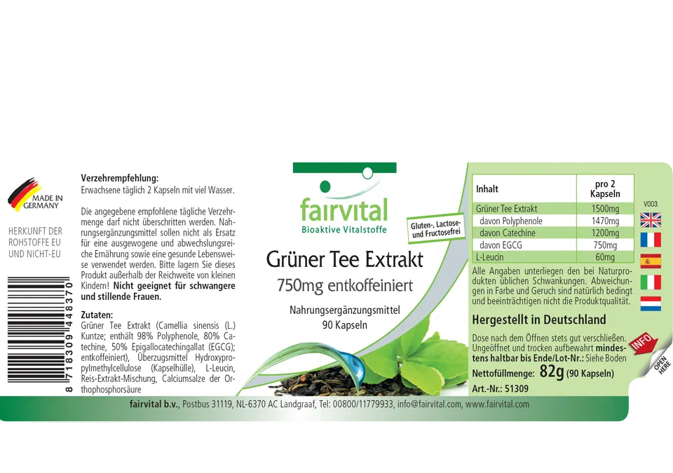 Extrait de thé vert 750mg décaféiné - 90 gélules