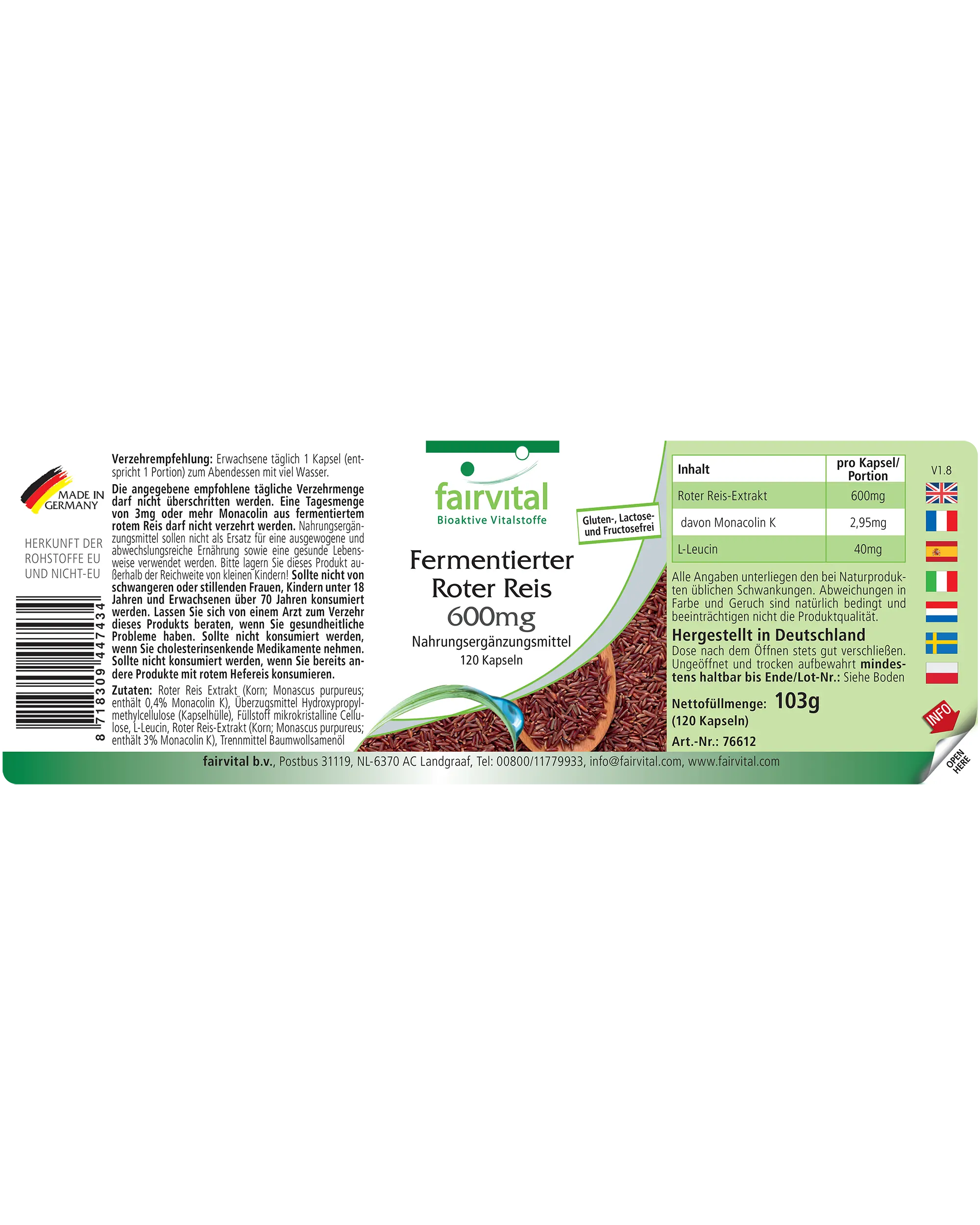 Fermentierter Roter Reis 600mg - 120 Kapseln - Monascus purpureus - mit Monacolin K - Vegan | Fairvital