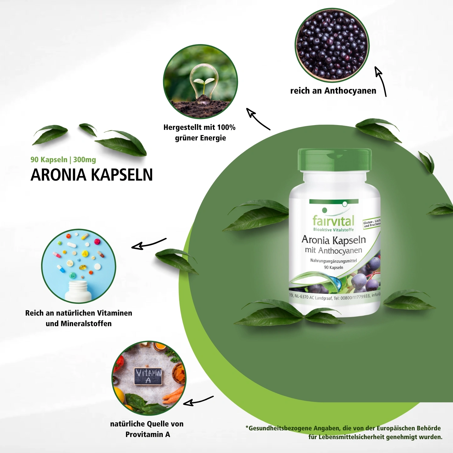Aronia Kapseln mit Anthocyanen - 90 Kapseln - Schluckfreundlich - mit 20% Anthocyanen & 45% Polyphenolen - Hochdosiert und Vegan | Fairvital