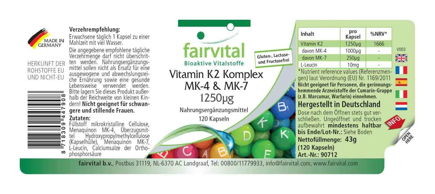 Complejo de Vitamina K2 MK-4 & MK-7 1250Î¼g - 120 Cápsulas