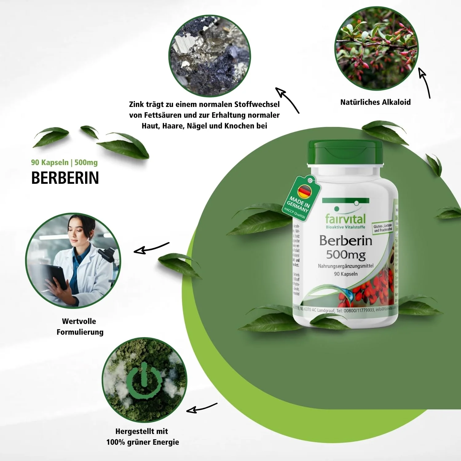 Berberin 500mg - mit Zink für Sehkraft, Haare, Haut, Immunsystem uvm. - 90 Kapseln - abgedeckter Bedarf - Hochdosiert und Vegan | Fairvital
