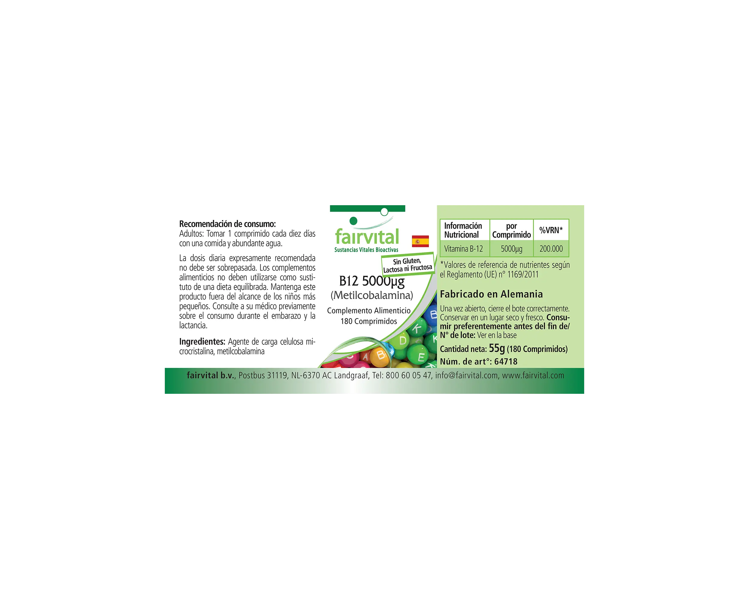 B12 5000μg (Methylcobalamin) - 180 Tabletten - für Energie, Nerven & Psyche - hochdosiert und vegan | Fairvital