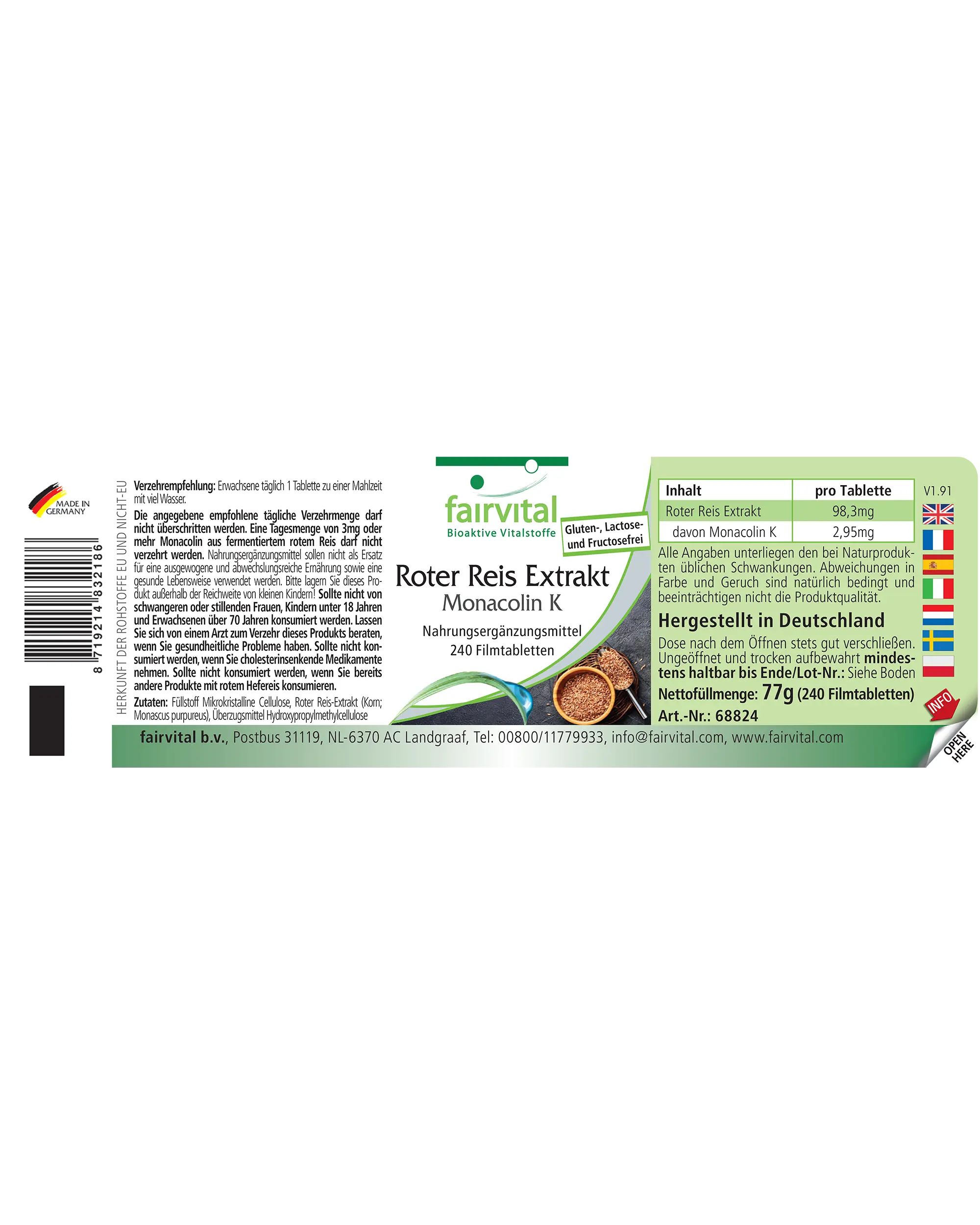 Estratto di Riso Rosso con 2,95 mg di Monacolina K - 240 compresse rivestite - facili da deglutire - vegano | Fairvital