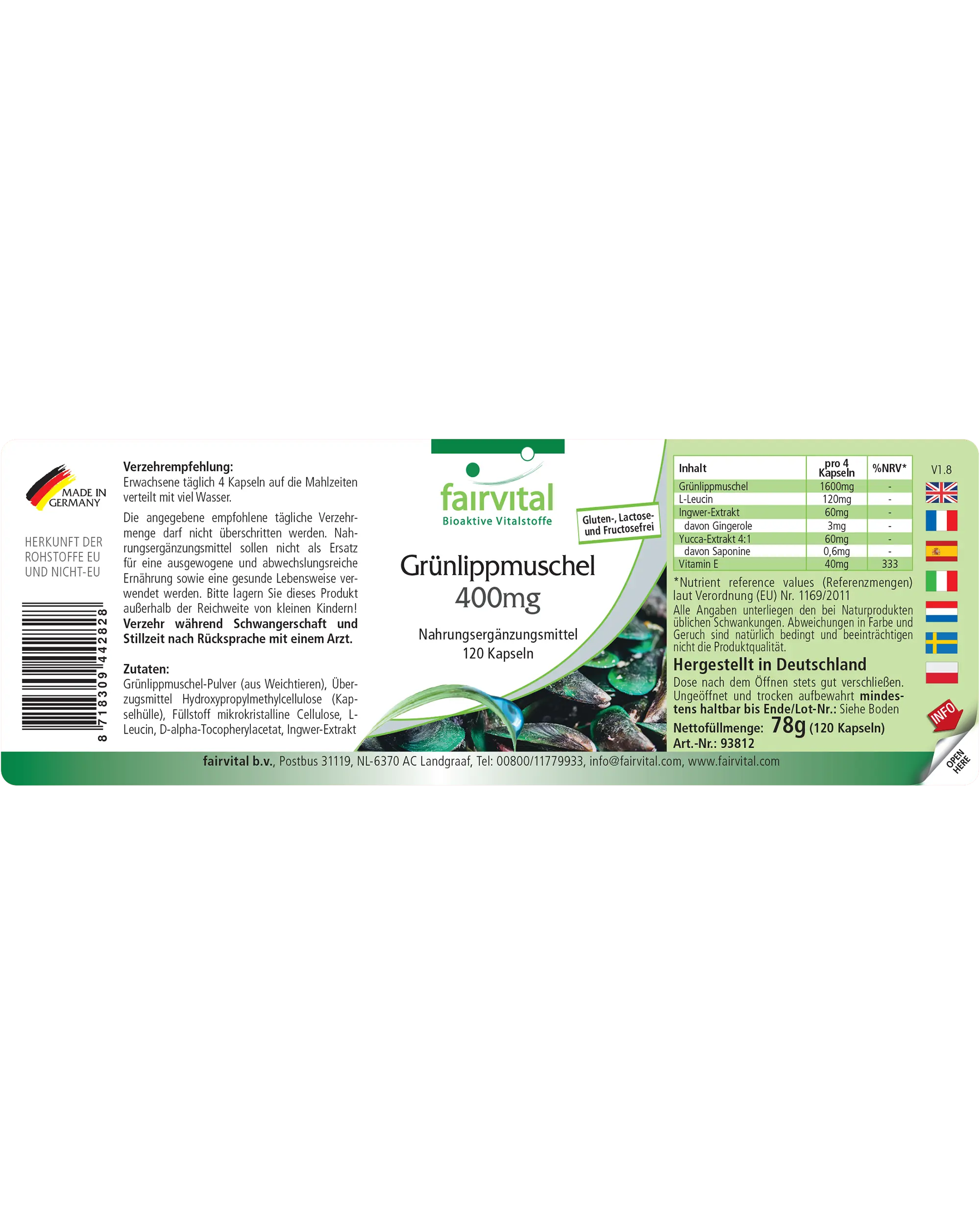 Grünlippmuschel 400mg - 120 Kapseln - mit Vitamin E - für Zellschutz - Hochdosiert | Fairvital