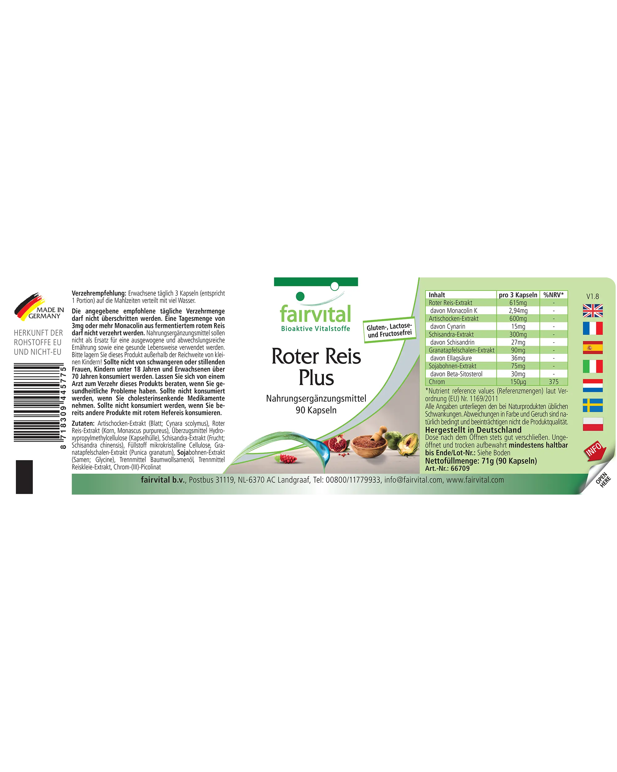 Roter Reis Plus - 90 Kapseln - mit 2,94mg Monacolin K, Chrom uvm. - für Blutzuckerspiegel - über 100% Bedarfsabdeckung - Vegan | Fairvital