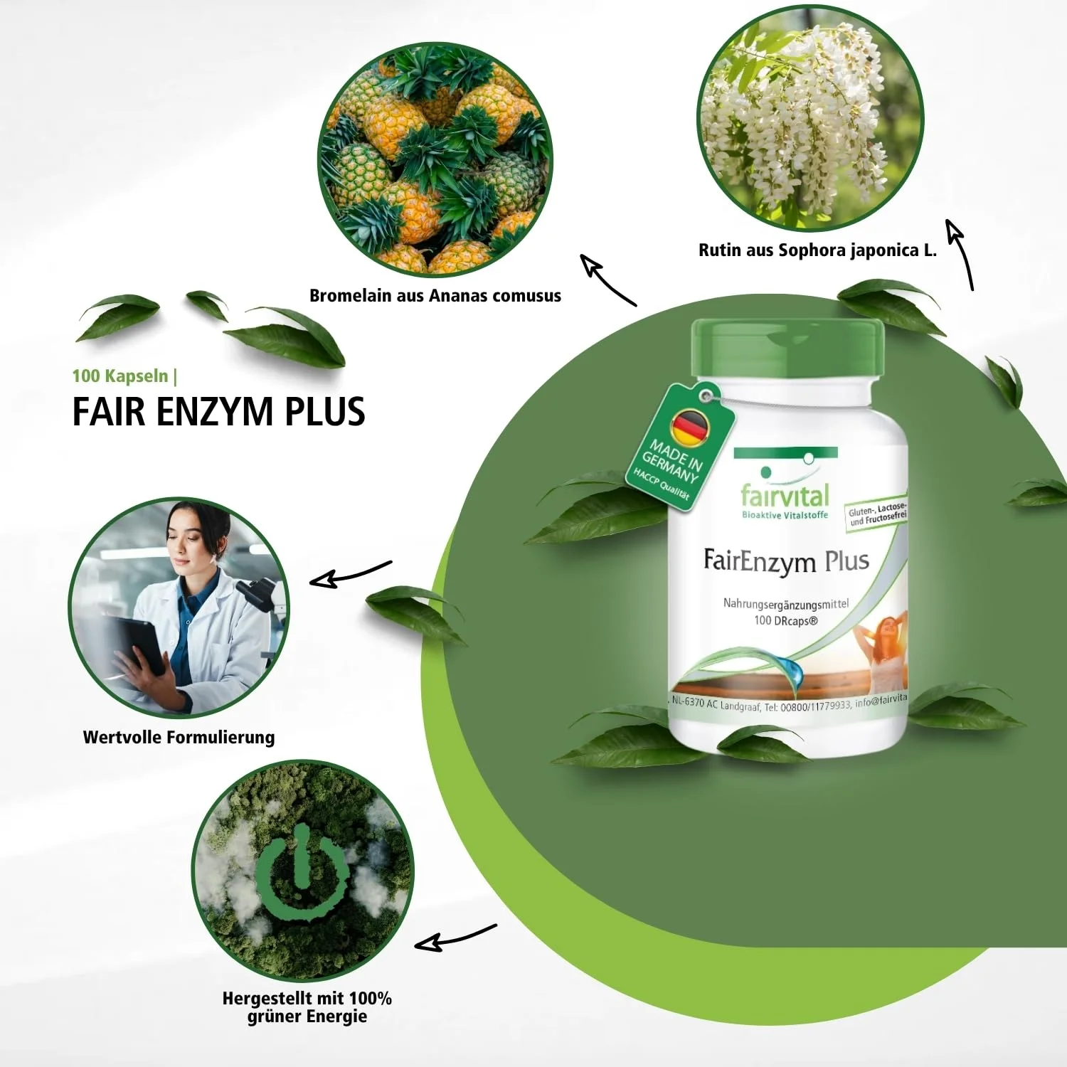 FairEnzym Plus - 100 DRcaps® - Schluckfreundlich - Multi Enzym Komplex - mit Rutosid, Bromelain, Trypsin & Chymotrypsin - hochdosiert | Fairvital